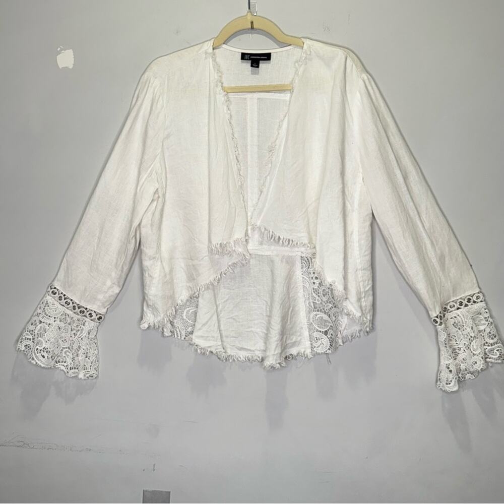 🍁INC International Concept Linen Boho Openfront Lace Lightweight Cardigan Top Lg
